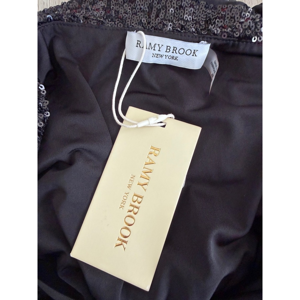 Ramy Brook Corine‎ Black Sequin Halter Mini Dress Satin Finish Tie Back XS NEW - Picture 3 of 4